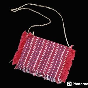 Woven Fabric Clutch Purse Fringed Red White & Blue Gold Metal Strap